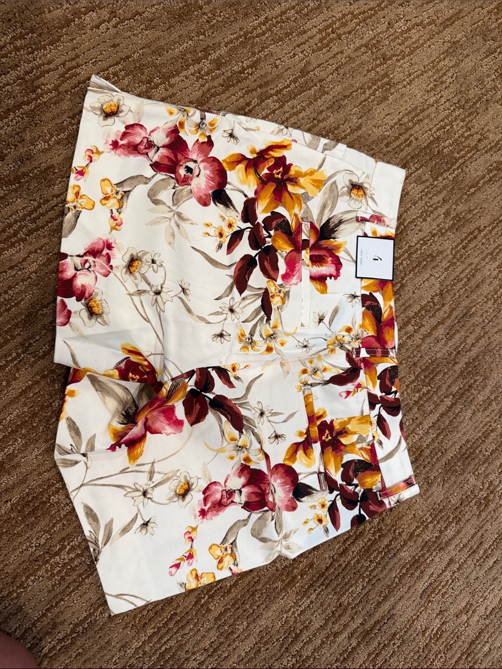 Floral White Women's Summer Shorts with Pink & Mustard Blooms - Picture 2 of 3